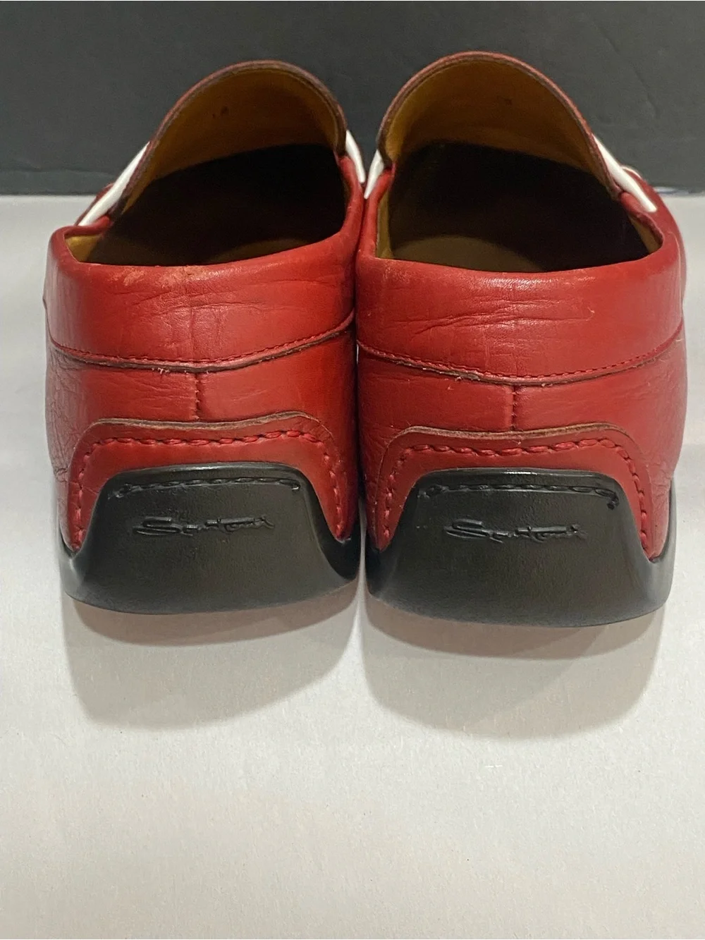 Santino Men's Red Leather Penny Loafers – White Piping Accent Sz 10